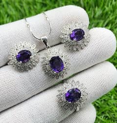 Beautiful Natural Amethyst silver jewellery set with rhodium polish