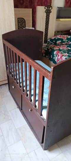 Wooden Baby Bed + Cupboard + Mattress