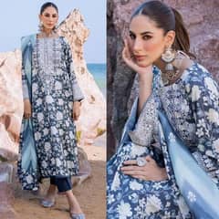 Elegant Blue Embroidered Lawn 3-Piece Suit – Unstitched Luxury