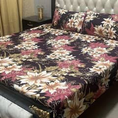 Stylish Black Printed Double Bed Sheet Set With 3 Pcs Of Pillow