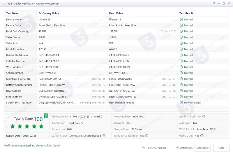 iphone 13 offiial 3 u tool report attached 3