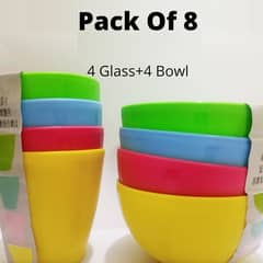 [Pack of 8] 4 Plastic Glass + 4 Plastic Bowl- Imported plastic Best fo