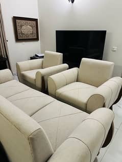 white wooden 5 Seater Sofa Set (3 + 1 + 1)