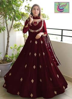 Stunning 3pcs Women's stitches Maxi suit in Embroidered Chiffon Maroon