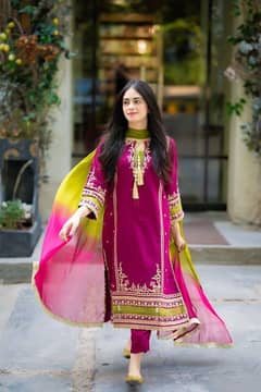 3pcs Women's Unstitched Embroidered Suit and free home delivery