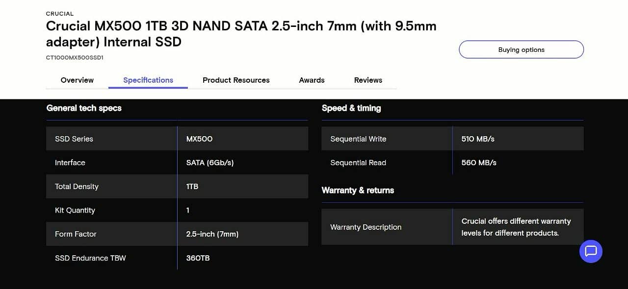 Crucial MX 500 1 TB SATA SSD 10