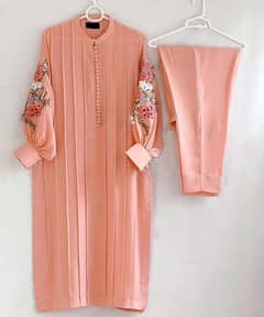 2PCs Luxury Peach Color Embroidered Kurti Set/Perfect for Any Occasion