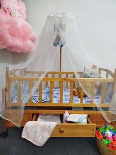 Top Quality Wooden Baby Cot With Mosquito Net & Storage Cabinet