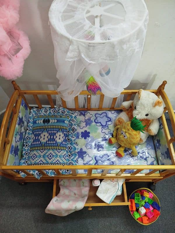 Wooden Baby Cot and Swing With Mosquito Net & Storage Cabinet 2