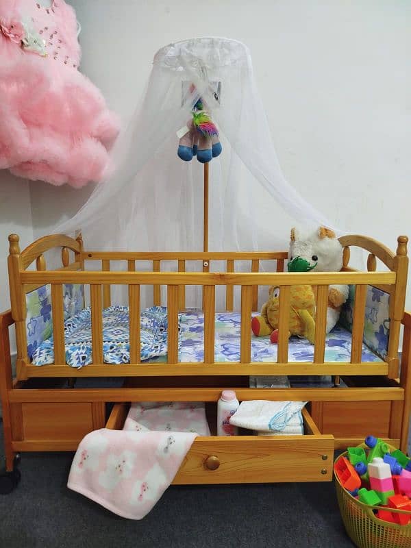 Wooden Baby Cot and Swing With Mosquito Net & Storage Cabinet 0