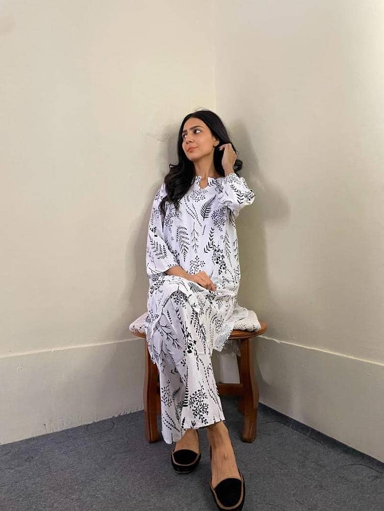 2 pc women's stitched linen leaf printed suit 0
