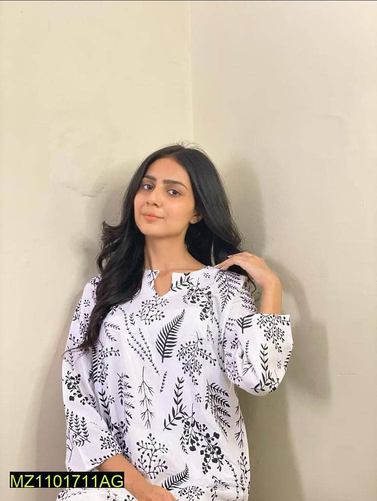 2 pc women's stitched linen leaf printed suit 2