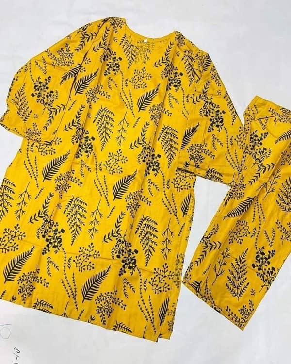 2 pc women's stitched linen leaf printed suit 9
