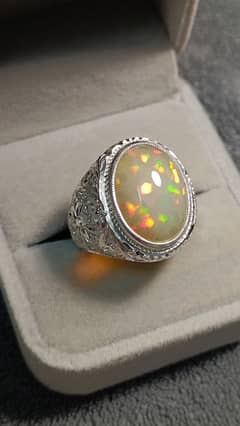 Ring of Natural Milky White Fire Opal handmade hand engraved Partash