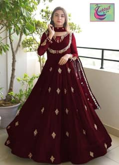 Elegant 3-Pic Women's Stitched Chiffon Maxi Suit /Maroon Embroidered