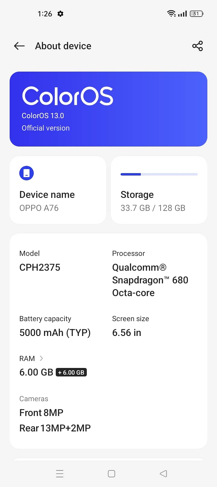Oppo a76 6+6/128 1