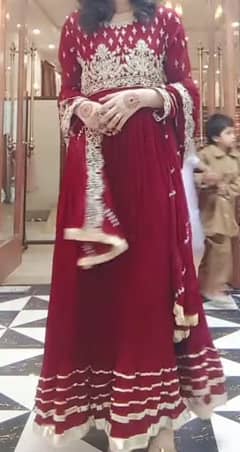 3 PC maroon long frock with trouser and dupata