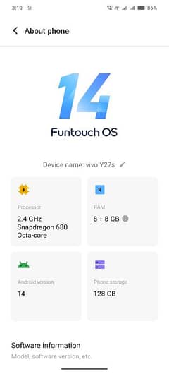 vivo y27s 8+8 ram 128 room look like new