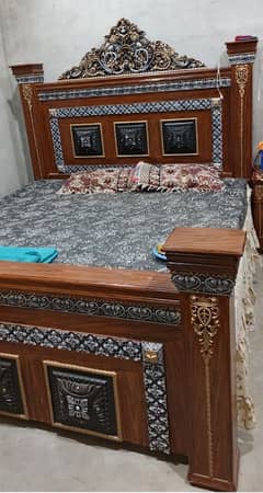 wooden king size bed with mattress, dressing table, 2 side tables