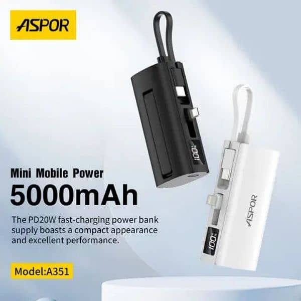 Mini Power Bank Aspor A351 2in1 Iphone & Type-c  Portable Mini 5000mah 2