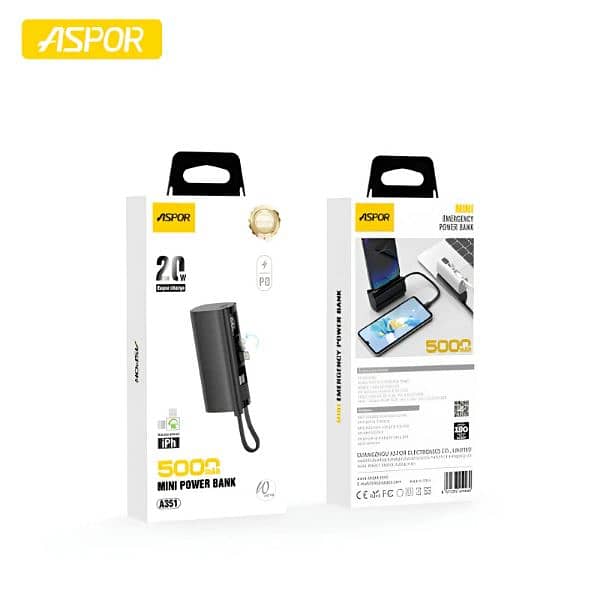 Mini Power Bank Aspor A351 2in1 Iphone & Type-c  Portable Mini 5000mah 3