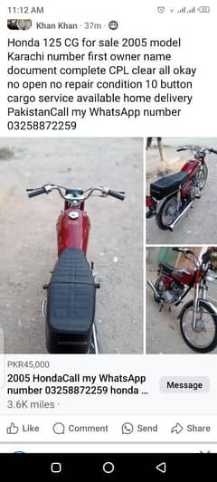 Honda 125 CG for saleCall my WhatsApp number 03258872259