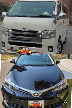 Corolla gli & Toyota hiace Baksa available for rent with driver.