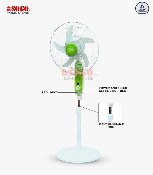 Sogo AC DC Pedestal Fan with battery and charger 4