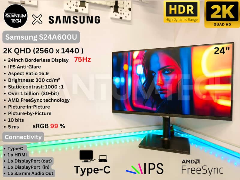 Samsung 24inch 2K IPS 75hz 10Bit HDR USB-C Borderless Gaming Monitor 1