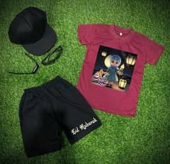 5 Pcs Girl's Printed Cotton Jersey Shirt and Shorts Set in Maroon