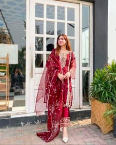 ReadyMade Stitched Red Organza Embroidered  3 Pc Suit