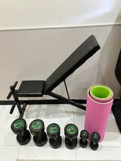 Gym setup for sale, dumbells + bench + mat