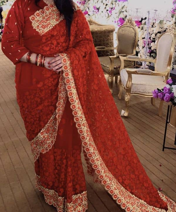 Red pearl work net saree 0