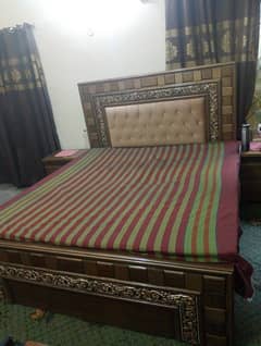 King size bed for sell, with 2 side tables and mattress.