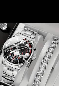 New 2Pcs Casual Watch & Bracelet Silver Color