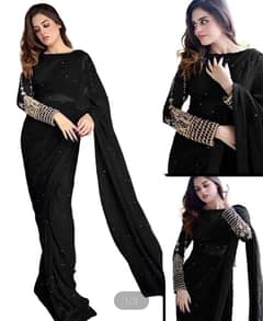 Women Stitched Embroidered Pearl Chiffon Saree With Blouse & Petticoat