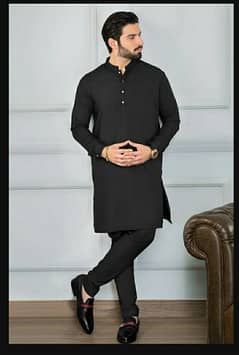 Men's 2 Pcs Kurta Pajama Set - Stylish Plain Black Wash And Wear