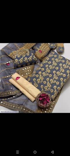 3 Pcs Women's Unstitched Embroidered Suit + Same Khoosa + Same Clutch