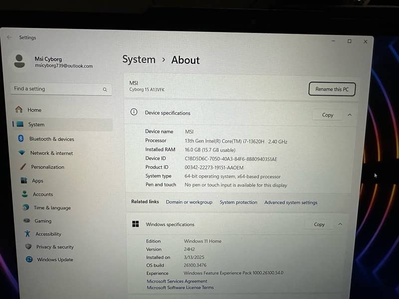 MSI Cyborg 15 A13V Core i7 13620H Fhd,16Gb,512Gb SSD,RTX 4060 10