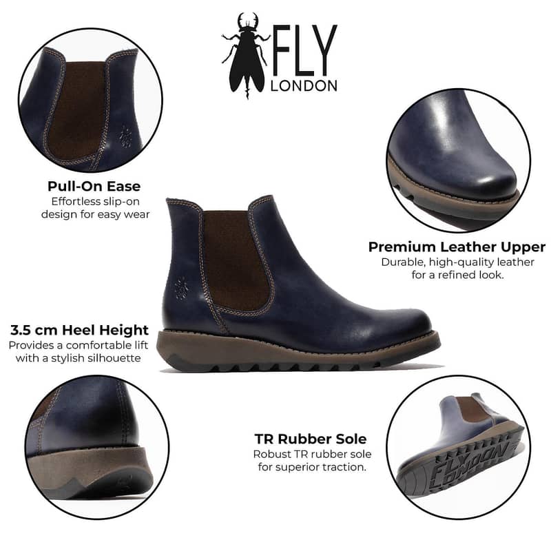 Fly London Womens Blue SALV Chelsea Leather Ankle Casual Wedge Heel Bo 7