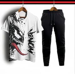 2 Pcs Mens Printed T-Shirts With Simple Plain Trouser