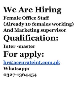 we are Hiring Female office Staff and Marketing supervisor