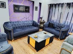 Blue Sofa Set with Table 6 Seater