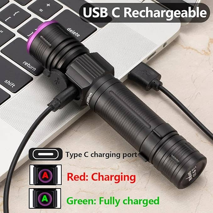 ALONEFIRE 395nm / 365nm UV Flashlight Zoom Portable Black Light USB C 2