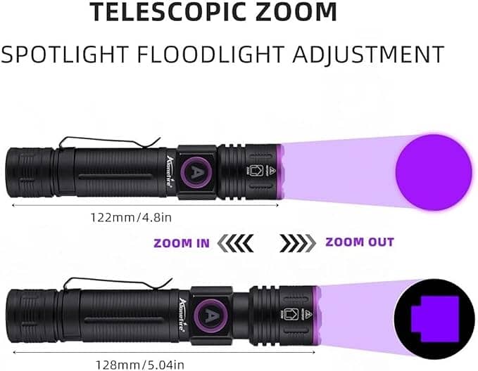 ALONEFIRE 395nm / 365nm UV Flashlight Zoom Portable Black Light USB C 3