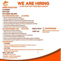 We are Hiring - Cashier, Waiter & Kitchen Helper (Restaurant)