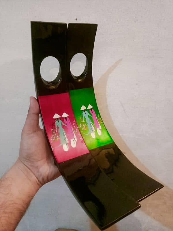bottle holder wooden Chinese hand painted pair 1