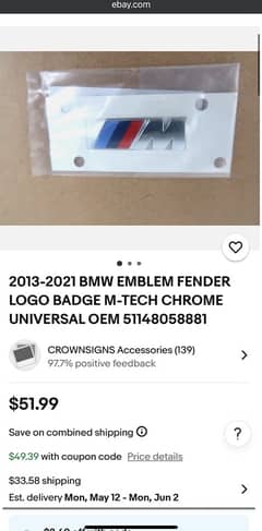 2013-2021 BMW EMBLEM FENDER LOGO BADGE M-TECH CHROME UNIVERSAL OEM