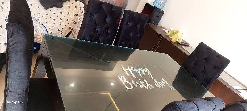 Modern Black wooden dining table with thick glass on top 0