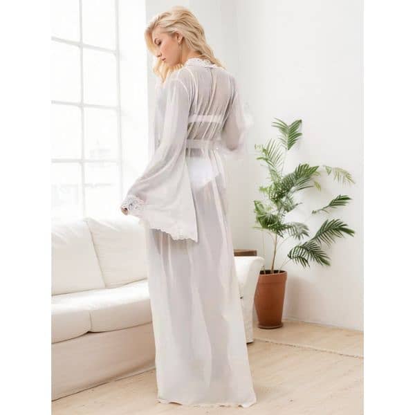 Elegant Sheer Mesh Long Robe with Lace Trim Soft Loungewear 1